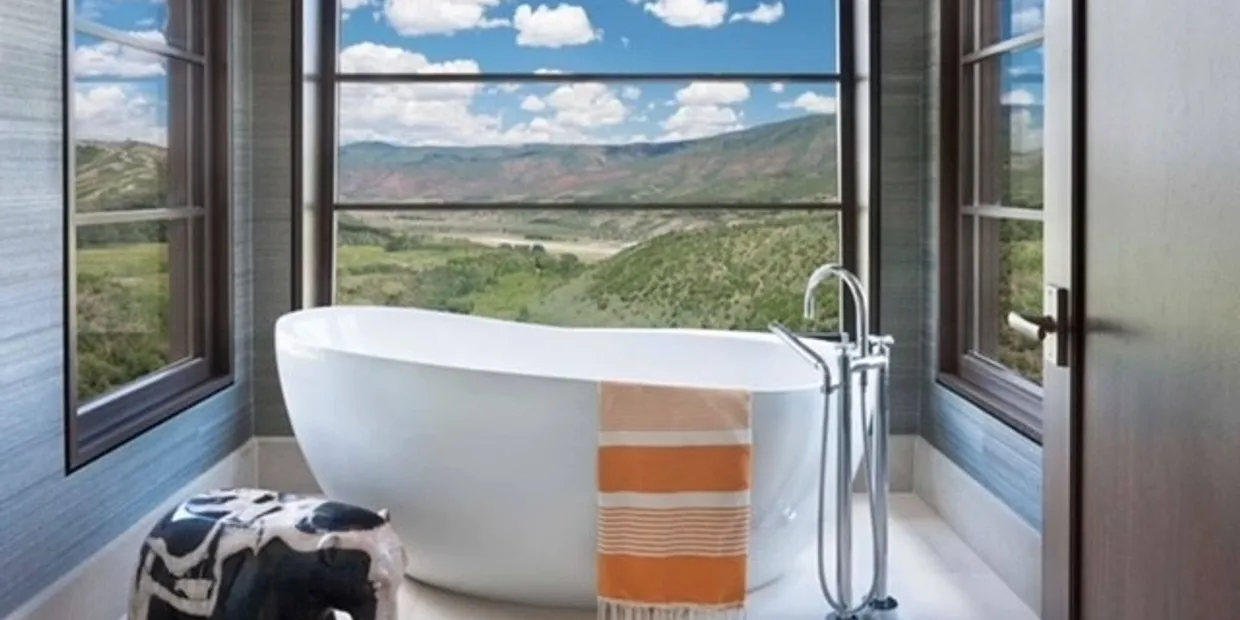 White freestanding bathtub by window overlooking mountains